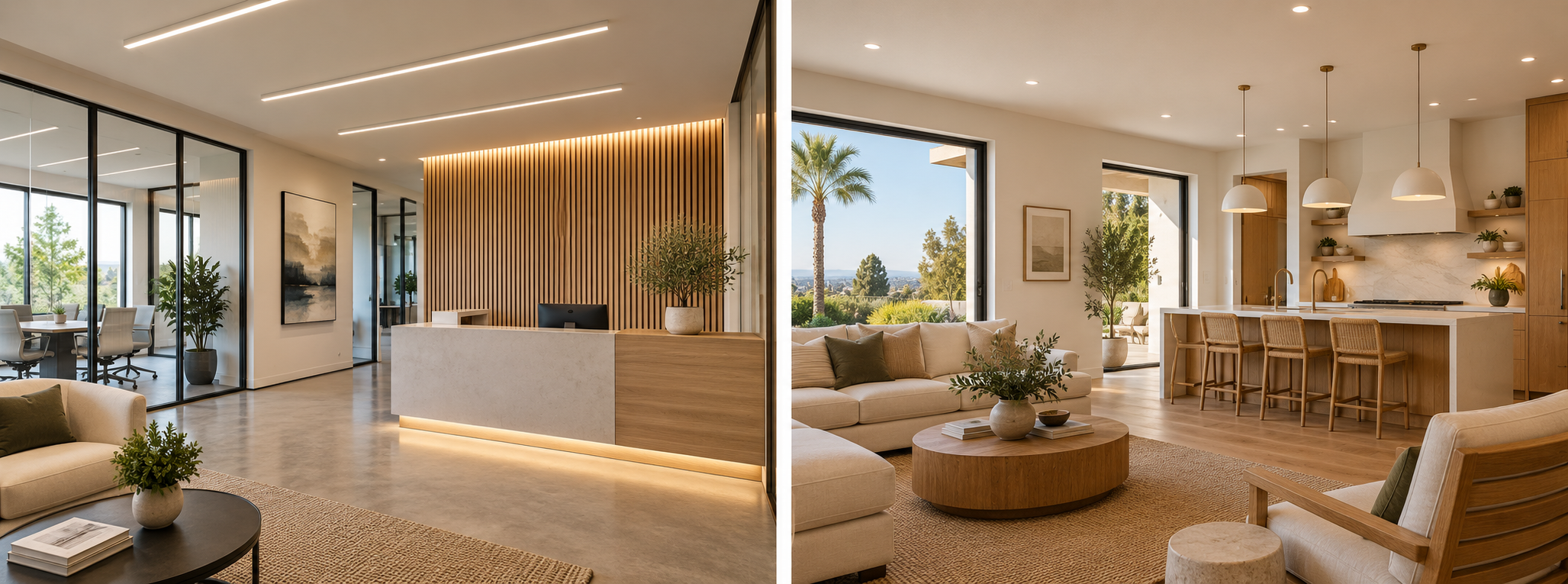 Illustrative commercial office lighting concept alongside a new home lighting concept