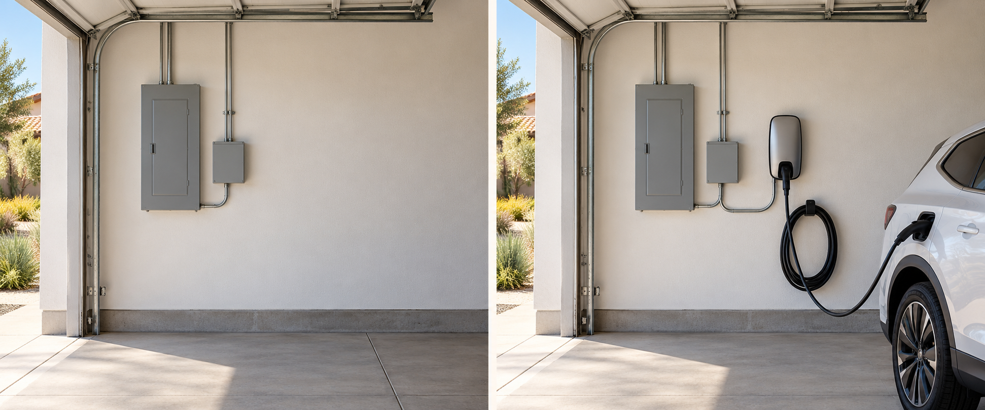 Illustrative before and after: garage wall without a charger and a proposed home EV charging installation