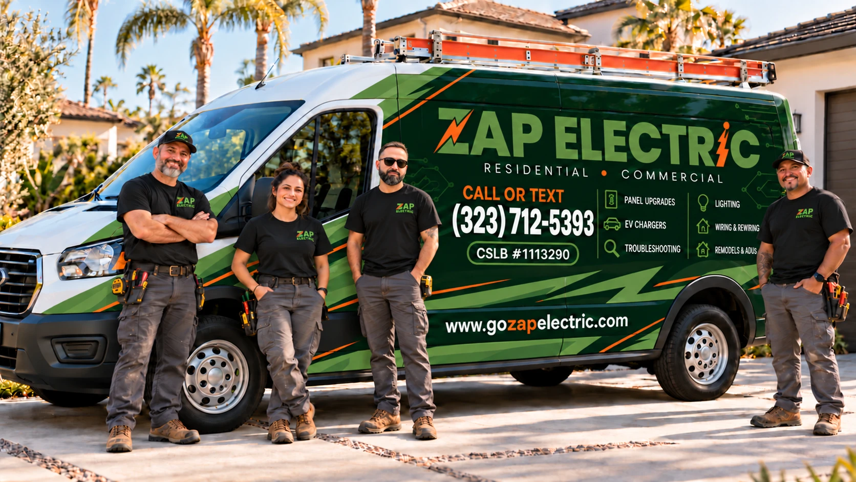 Illustrative Zap Electric van with logo, electrical services, website and crew in black company T-shirts